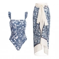 Blue and white porcelain style ruffles bikini set with matching butterfly print sarong skirt - S / Ruffle One-Piece Suit Set