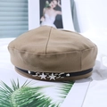 Khaki beret hat with black leather band and silver star accents in vintage style - One Size(56-58cm) / Khaki