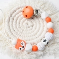 Orange handmade crochet fox baby pacifier clip with silicone and wooden beads - Orange
