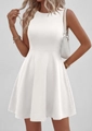 Elegant sleeveless white A-line dress with slim waist and round neck for women - S / White