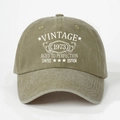 Detail of Vintage 1973 khaki washed cotton baseball cap with white printed retro lettering - One Size / Dark Khaki