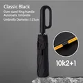 Classic black 125cm large automatic folding umbrella with 10 ribs and ring handle - 20-ribbed - Three-person Enlarged Ring Buckle Umbrella 125cm Diameter At The Bottom - Press The Umbrella Tip Classic Black. / Gift Box Not Included