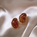 Amber resin tiger eye leopard round earrings with gold trim on champagne silk fabric - Oval Resin Stud Earrings (925 Sterling Silver Earring Post)