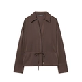 Women's dark brown satin poplin shirt with lapel collar and waist drawstring tie design - XS / Coffee