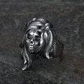 Gothic long hair skull ring in vintage stainless steel with Santa Muerte style design - US 10 / Vintage Blackened Silver