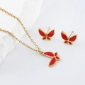 Elegante set di gioielli a farfalla dorata con collana in smalto rosso e orecchini - Oro Rosso
