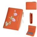 Orange short PU leather wallet for women with flower embroidery and zip pocket - Orange