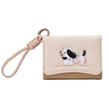Mini beige canvas wallet with dog embroidery and brown leather trim for women - White
