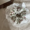 Elegant purple floral scrunchie with white lace trim and puffy vintage design - 5# Purple Floral Scrunchie with Lace Edge