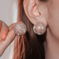 Elegant silver paved crystal ball stud earrings on model for a sparkling luxury look - Silver Spherical Full Rhinestone (XME002S)