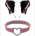 Serre-tête oreilles de chat en peluche rose et noir avec collier tour de cou cœur - Ensemble Choker Coeur / Noir/Rose
