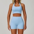 Light blue yoga set with halter sports bra and high-waist shorts in seamless knit fabric - S / Sky Blue