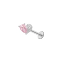 Silver heart-shaped labret stud with pink heart zircon and wing detail on white background - Silver Pink Heart Wing Lip Stud (LA24082303S)