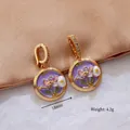 Vintage gold earrings with purple enamel, pink flowers and pearl, 18mm diameter - Lotus Enamel [C-31]