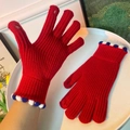 Guanti in maglia rossi con pompon colorati e dita touch per donna e ragazze - Stile semplice / Rosso