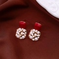 Detail of 18k gold earrings featuring red square studs and pearl encrusted metal frames - Silver Needle Earrings-Gold-Red-18K Gold Plated