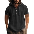 Détail d'un sweat à capuche homme en lin à manches courtes avec col Henley noir à trois boutons - L / Noir