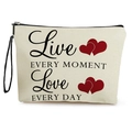 Beige Kosmetiktasche aus Segeltuch mit Live Every Moment Aufdruck und Herzen - 17*25cm / Stil 2: Live EVERY MOMENT Love EVERY DAY