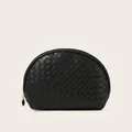 Midnight black shell makeup bag with woven PU leather texture and golden metal zippers - Shell Bag / Midnight Black