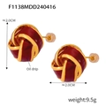 Detail view of dark red enamel knot earrings with gold metal base and size dimensions - F1138-Gold Knot Dark Red Stud Earrings