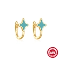 Golden S925 sterling silver hoop earrings featuring blue enamel star pendants - Four-pointed Star Enamel Style / 925 Silver