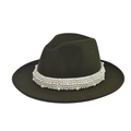 Elegante sombrero fedora de fieltro de lana verde oliva con banda de perlas blancas - Verde Militar