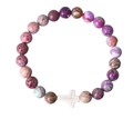 Elastic beaded bracelet with purple natural stones and white cross charm accent - Purple Imperial Stone