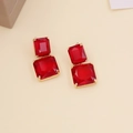 Elegant long crystal earrings featuring stacked square deep red stones with gold frames - Red Marble