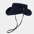 Detail of navy cotton sun hat featuring metal vents, side snaps, and adjustable chin strap - Navy Blue