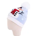 Detail of light blue knit beanie featuring a snowman jacquard pattern and white pompom - One Size / Kids Snowman Light Blue