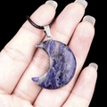 Blue-purple natural agate moon pendant with silver bail and black cord necklace - 30mm Sodalite