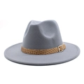 Detail of grey wool felt fedora featuring a brown leather band and silver metal buckle - M (56-58cm) / Light Gray