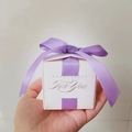 Elegant white wedding favor box with a purple ribbon bow and gold foil lettering - Purple / 6.5*6.5*6.5cm