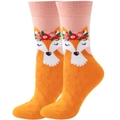 Detailed close-up of a cute orange fox pattern with floral wreath on cotton socks - Garland Fox