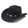 Classic black wool felt cowboy hat with leather band and vintage metal buckles - M (56-58cm) / Black