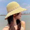 Women's light yellow sun hat with pink flower detail for outdoor summer protection - Flower Beige