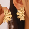 Golden fan-shaped leaf earrings with textured Hawaiian style radiating design - Fan-shaped Embossed Leaf Shape (N-213) / Gold