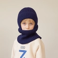 Winter fleece-lined knit balaclava for kids in deep blue with integrated neck warmer - Navy Blue