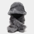 Detail of soft grey faux fur hat and scarf set featuring a plush leopard print texture - Grey Faux Fox Fur Hat & Scarf Set