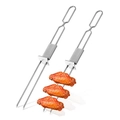 Dual-prong stainless steel BBQ skewers with slider showing grilled chicken wings closeup - Two-Prong Skewer