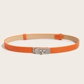 Close-up of orange cross-grain leather skinny belt with silver diamond-set turn-lock buckle - Rhinestone Buckle (Silver) Cross Pattern Adjustable Belt (Orange)