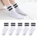 White cotton mid-calf socks with double black stripes and ribbed elastic cuffs - Flat Panel Solid Color [white] / 3-5 Years (Feet length 13-15cm)
