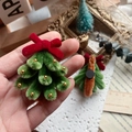 Green velvet Christmas tree brooch with a red bow and gold beads in a festive setting - Christmas Tree Fridge Magnet / Approximately 5.8cm In Height