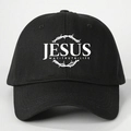 Adjustable black cotton baseball cap with Jesus print for sun protection and travel - One Size / Black