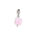 Macro view of a pink clover charm with silver metal base and glossy enamel finish - Pink Silver Four-Leaf Clover