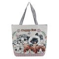 Ethnic style cat jacquard canvas tote bag with black and white striped handles - Five Cats