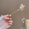 Golden butterfly flower hair stick with pearl tassels and elegant crystal accents - Cat's Eye Stone Butterfly