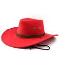 Detailed macro view of bright red wool fedora hat with brown braided strap and wind rope - M (56-58cm) / Red