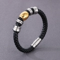 Pulsera de cuero negro trenzado para hombre con cuenta dorada y cierre magnético de acero - Pulsera (KB125307-TXH) / Dorado