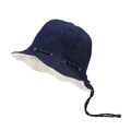 Navy blue denim bucket hat with white lining and patterned adjustable drawstring cord - One Size / Navy Beige